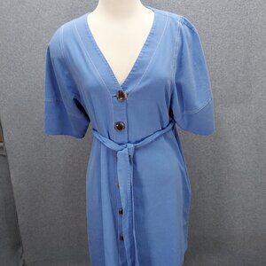 Eva Mendes Blue V-Neck Dress With Button Detail & Belt Size L